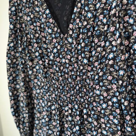Rebecca Taylor Zelma Floral Silk Dress Size 8 Black Blue Pink V‑Neck Long Sleeve - Picture 8 of 15